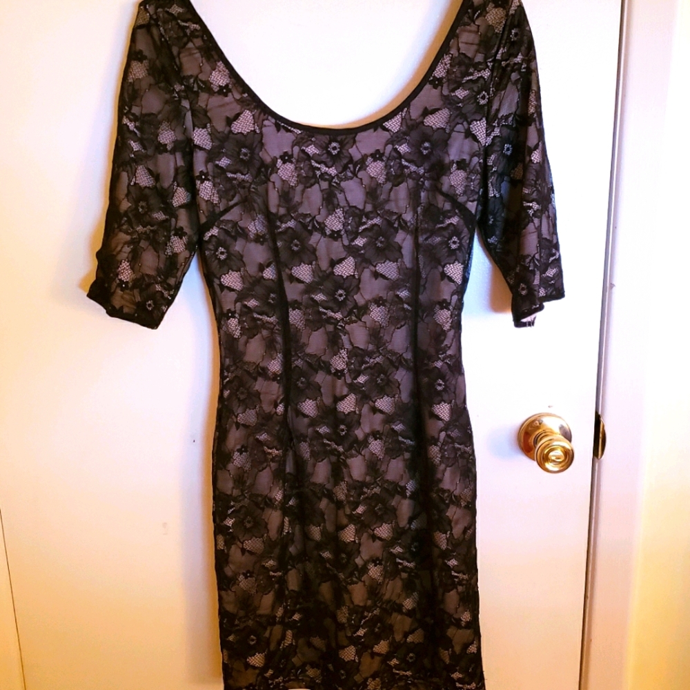 Sugar Lips Black Lace over Nude Evening Dress SML
